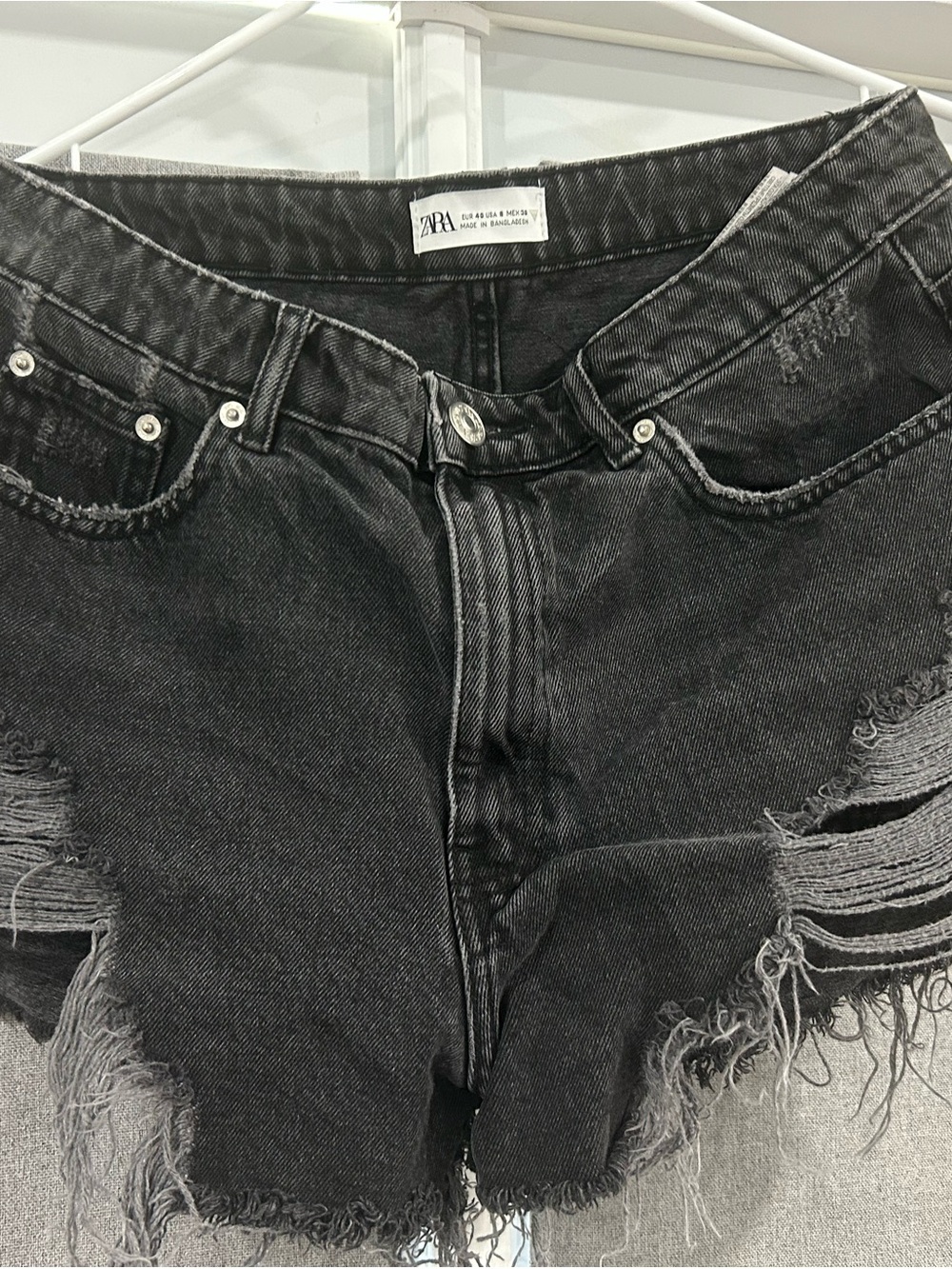 Zara Washed Black High-Rise Distressed Denim Shorts